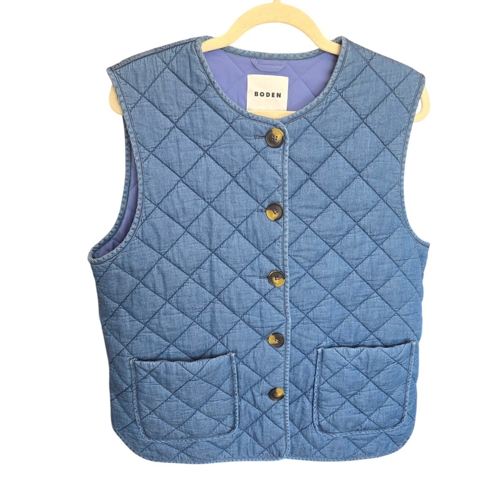 Boden Quilted Denim Vest Gilet Pockets Minimalist Coastal Grandma Preppy Boho 14